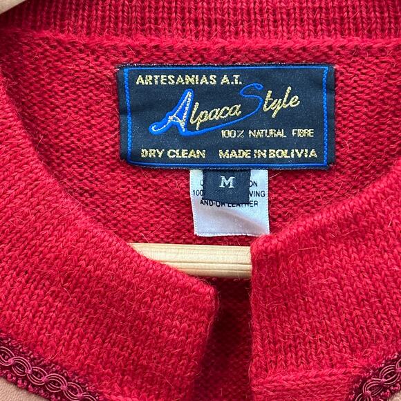 ALPACA STYLE Traditional Alpaca Wool Cardigan SZ M Leather and Wool Trim - Picture 4 of 6